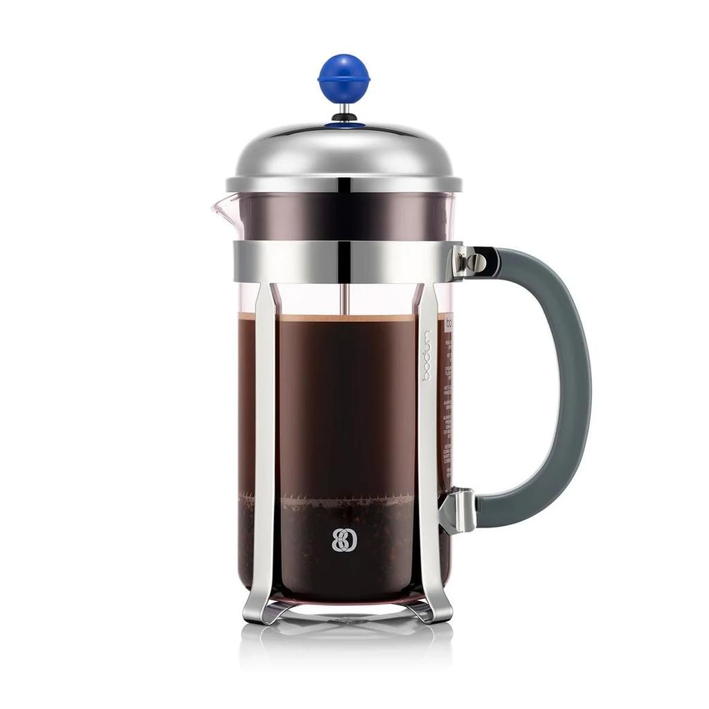 Кофеварка френч-пресс BODUM CHAMBORD, 1000 мл, Ограниченная серия к 80-летию, Розовый x Синий x Серый, Фильтр из нержавеющей стали, Стеклянный кофейник,