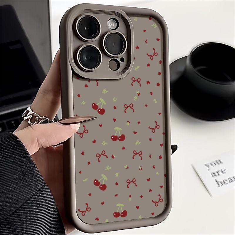 Мягкий матовый чехол из ТПУ с рисунком вишни и бантом для iPhone 16 Pro Max 15 Pro 14 13 12 11 17 Pro Max Ударопрочный бампер с защитой линз
