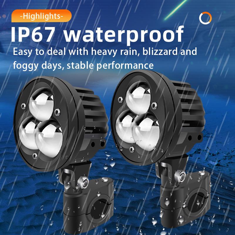 Светодиодные прожекторы для мотоциклов с 3 линзами, лампы налобного фонаря, внешние скутеры, противотуманные фары, линзы проектора, двухцветный рабочий дополнительный точечный светильник