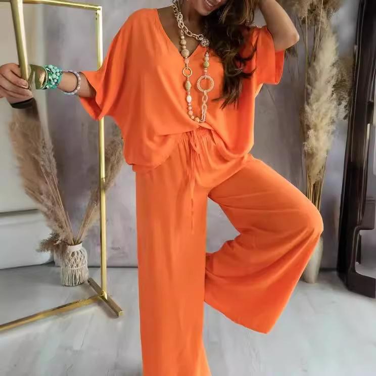 Летний повседневный свободный комплект из двух предметов, женские брюки с V-образным вырезом, элегантные женские домашние наряды с рукавами «летучая мышь»