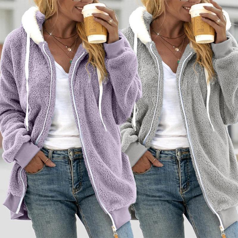 Women Warm Plush Jackets Winter Thick Fleece Faux Fur Zipper Long Sleeve Hooded  Female Casual Oversized Coats