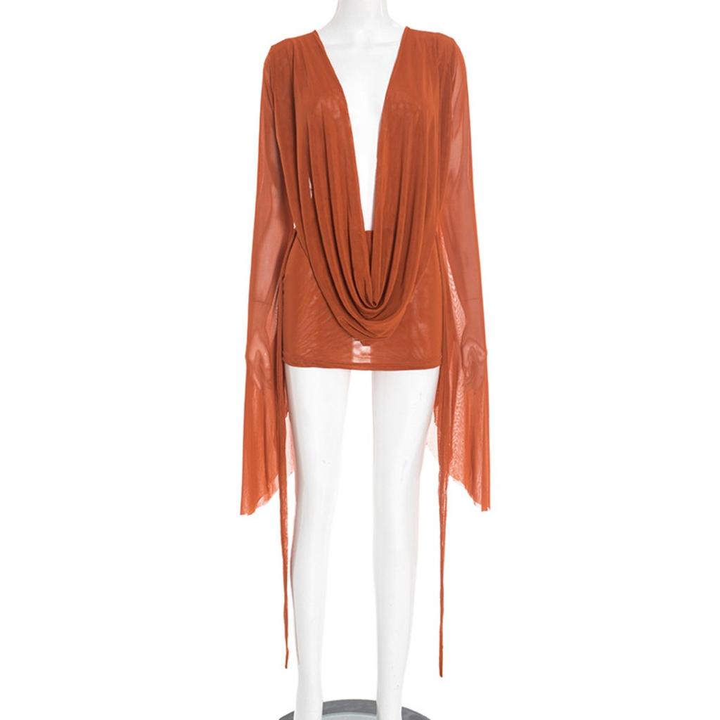 Новое женское сетчатое платье-трапеция с воротником-хомутом, открытой спиной и длинными рукавами, повседневное европейско-американское платье для вечеринки