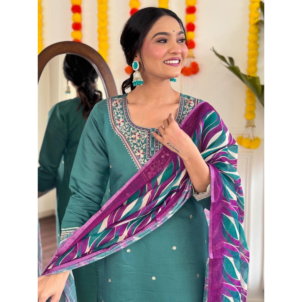 Indian Women Kurti Pant Dupatta Set Party Wear Bollywood Top Tunic Salwar Suit SC-2314