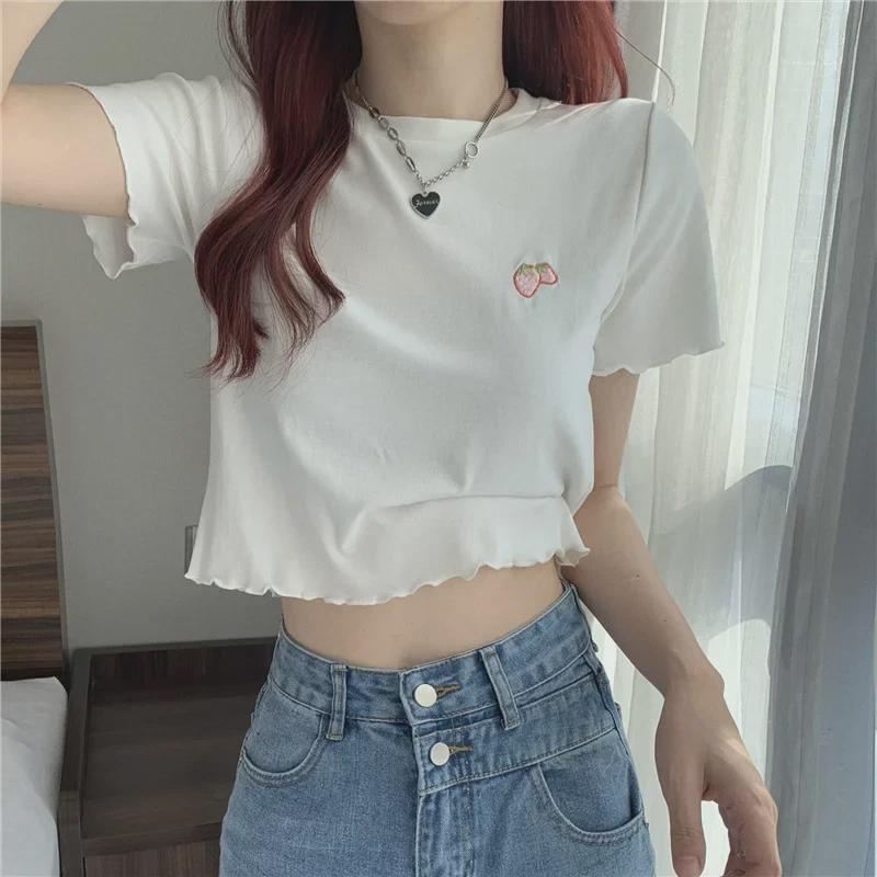 2024 Summer Hot Girl Embroidered Slim Short-Sleeve Crop Top