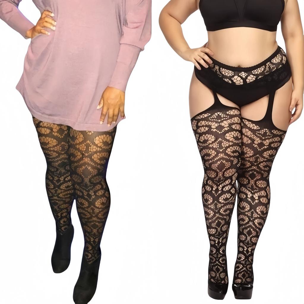 Plus Size Women's Lace Floral Thigh High Pantyhose Fishnet Body Stockings Over Knee Mesh Socks Tights Leggings Bottom