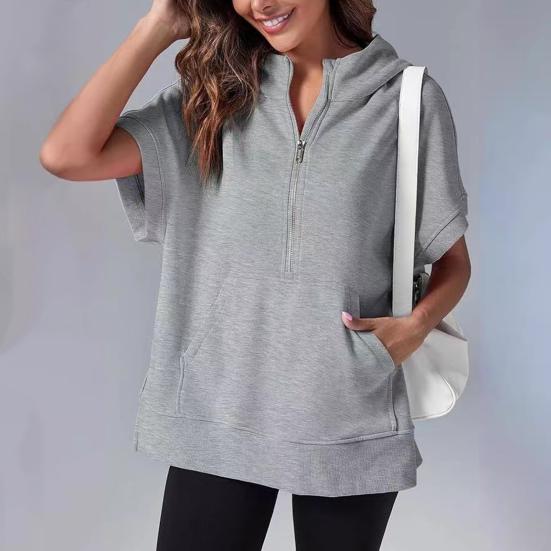 Summer Women Hoodie Half Zipper Short Sleeves Solid Color Pullover Loose with Pocket Casual