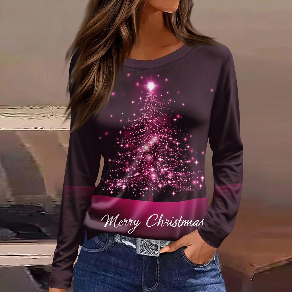 Женская модная повседневная футболка с разрезом по низу, круглым вырезом, длинными рукавами, свободного кроя, с рождественским принтом, женский топ