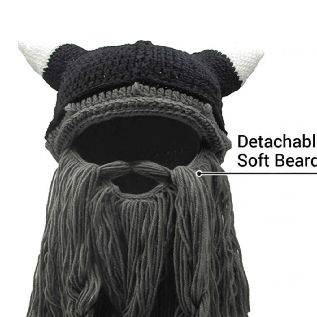 Knitted Viking Beard Beanie Hat with Bull Horns