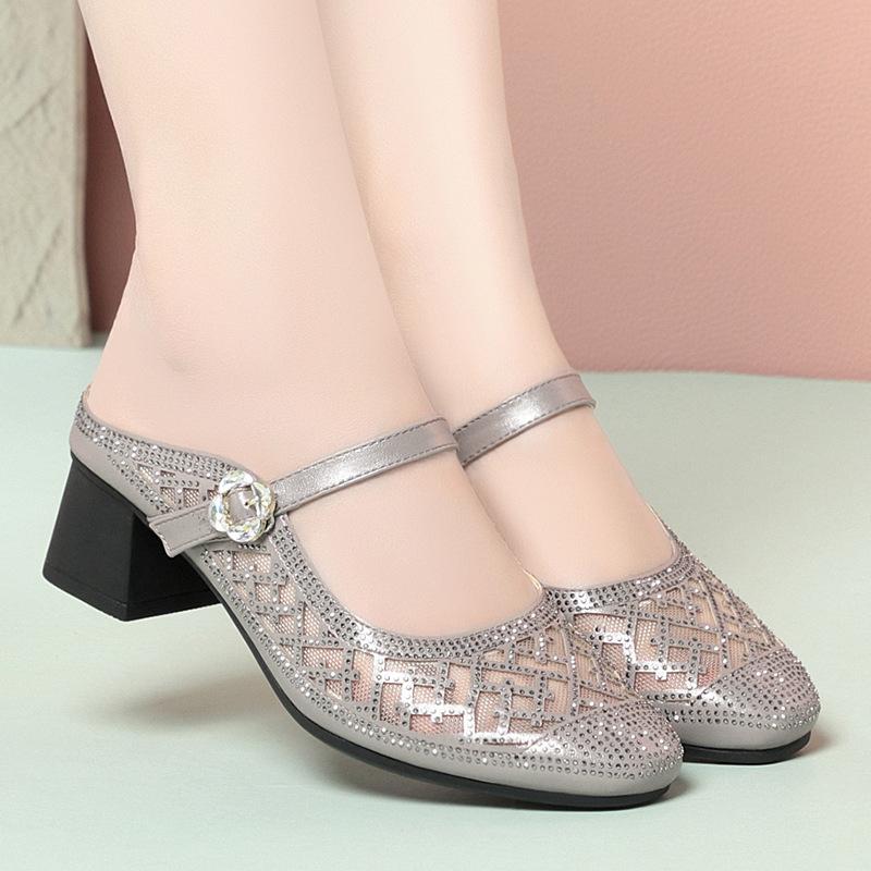 Мода Женская Мода Стразы Дышащая Сетка Средний Каблук Сандалии Лето Однотонные Простые Удобные Массивный Каблук Слипоны Туфли для Мамы