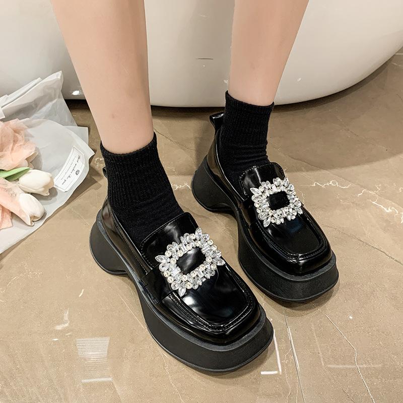 Весна-осень Лоферы из искусственной кожи Туфли женские на толстой подошве с квадратным носком Туфли-лодочки в стиле ретро со стразами Мокасины