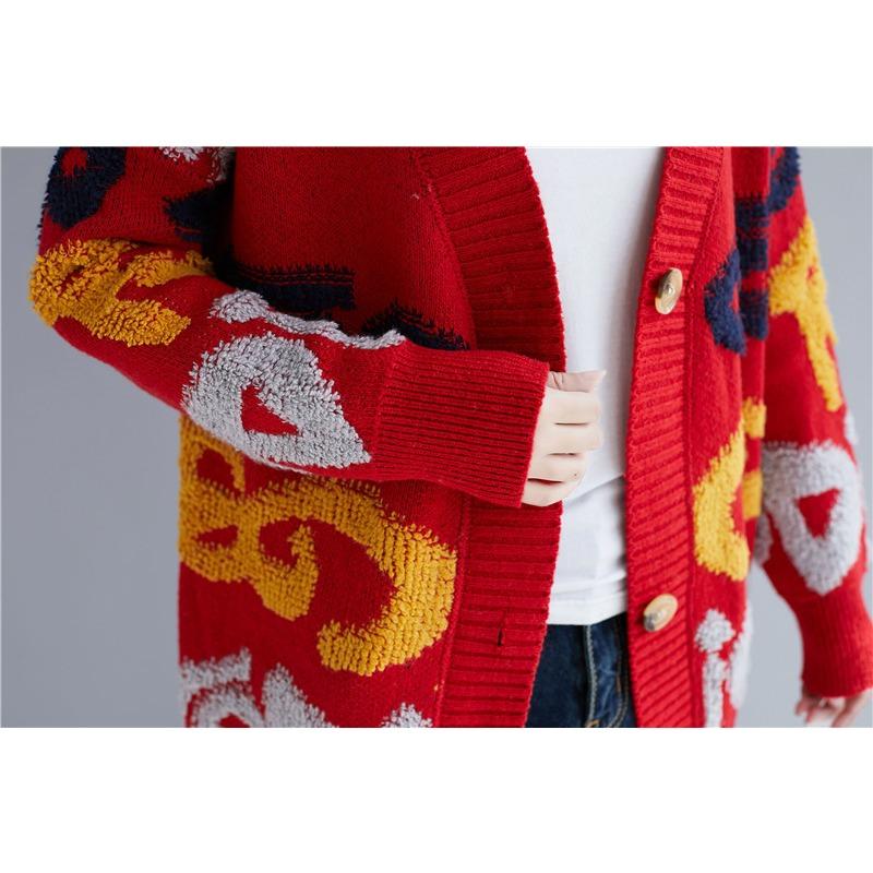 Autumn and Winter Women's Sweater Jacket Plus Size Lazy Wind Letters V-neck Medium-length Jacquard Knitted Cardigan