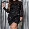 Women's Dress with Extra Size Mesh Wrapped Hips Long Sleeve Sexy Temperament Stand Collar Slimming Dress