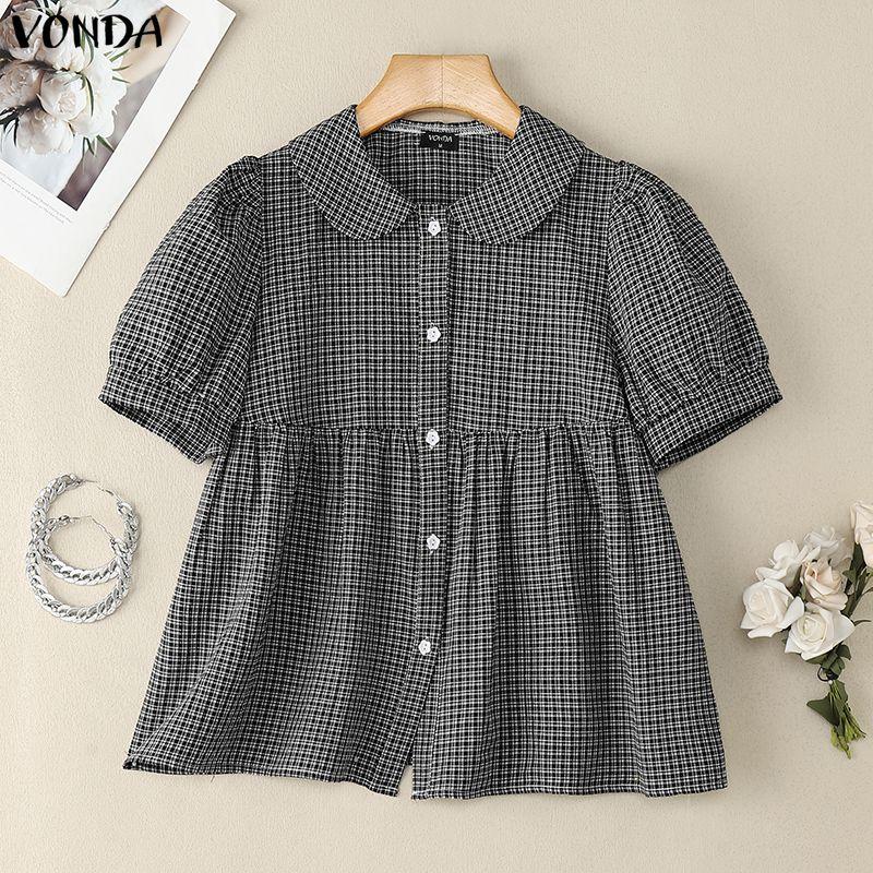 VONDA Женские блузки топы в клетку с кукольным воротником и пышными рукавами на пуговицах