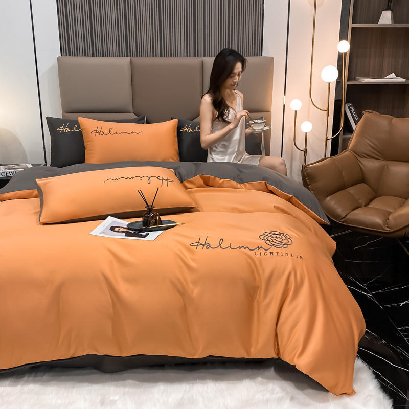 Комплект из четырех предметов из сатина из стираного хлопка, пододеяльник из ледяного шелка, простыня из шелковистой и прохладной ткани Tencel.