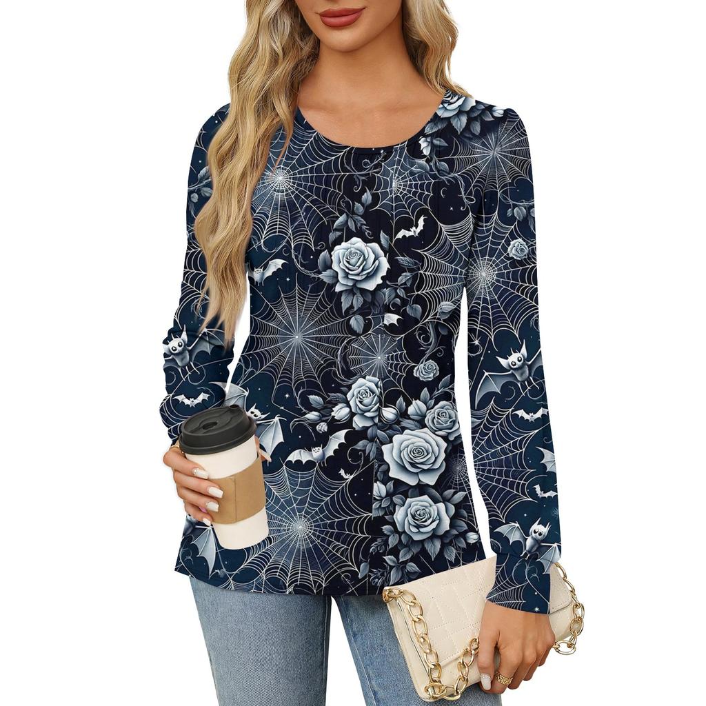 Long Sleeve Shirts For Women Cute Print Graphic Tees Blouses Dressy Casual Blouses Pleated Scooped Neck Tunic Tops Halloween