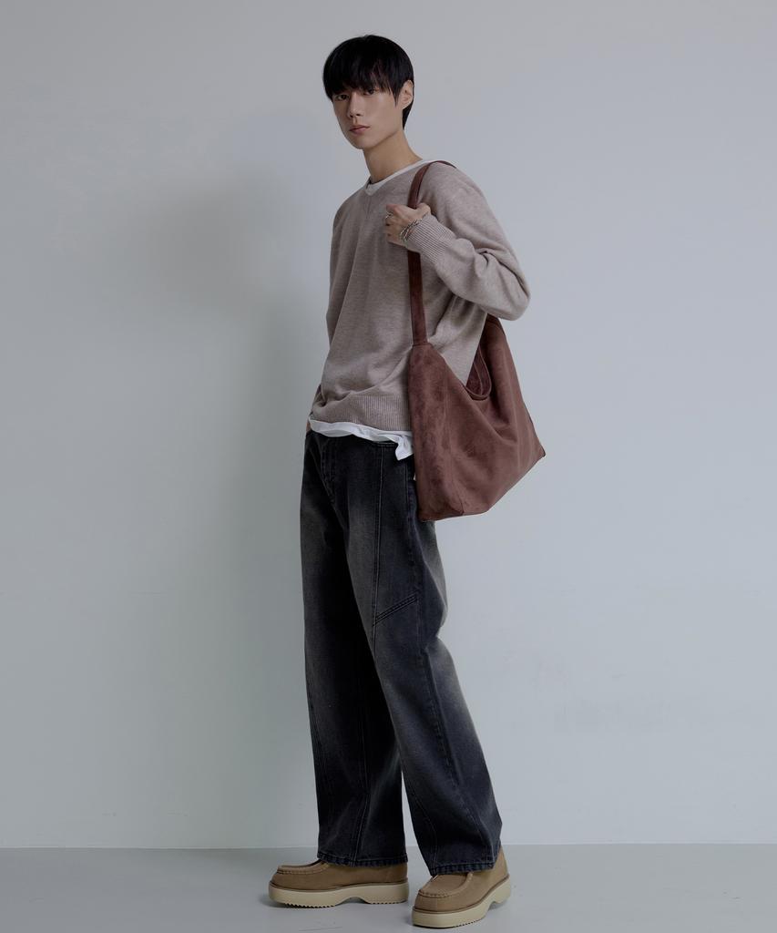 NODU V-Neck Herasi Raglan Crop Knit [Beige]