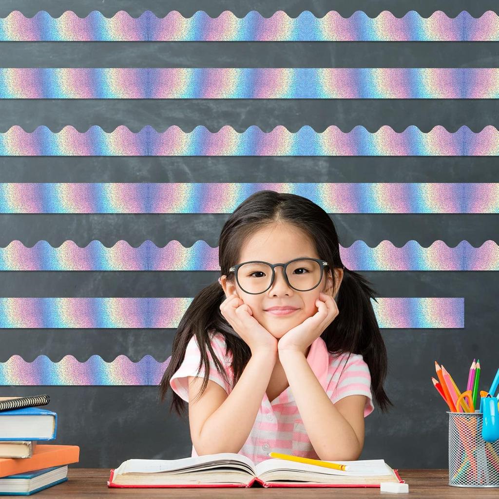 Gueevin 90 Pcs Iridescent Bulletin Board Borders Classroom Decor Iridescent Straight Rolled Border Trim Bulletin Borders for Teacher Students