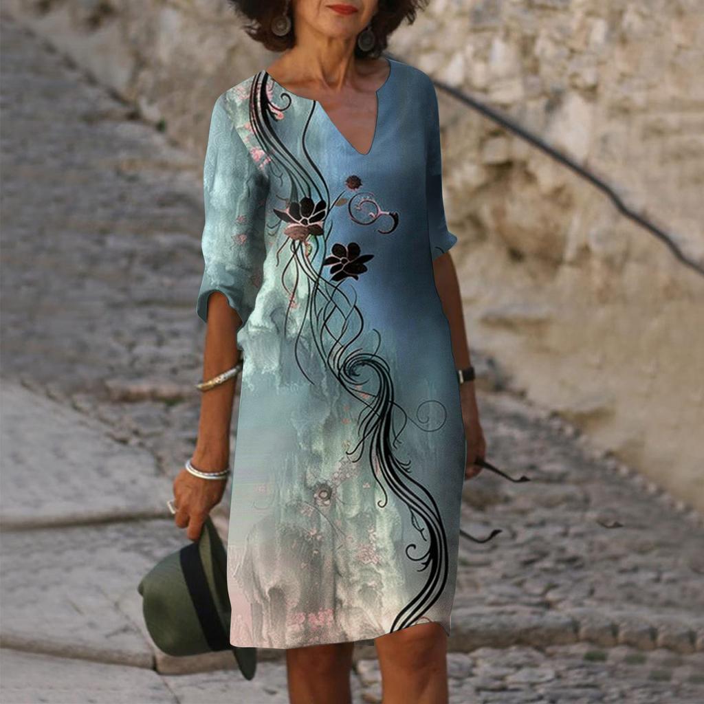 Women's Summer Casual Fashion Five-quarter Sleeve Printed V-Neck Loose Mid-Length Dress