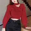2025 Women's High-End Halter Neck Red Sweater: Autumn/Winter Chic High Waist Crop Top