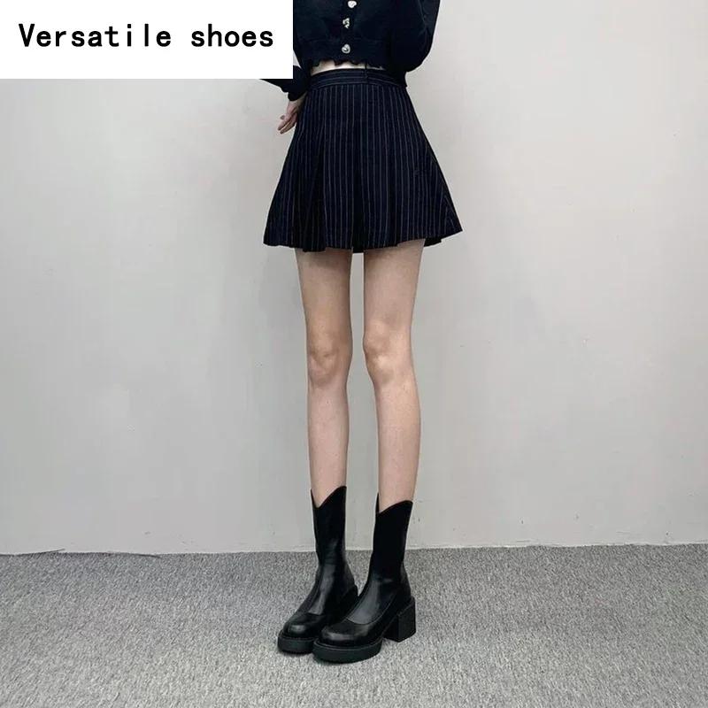 Женские ботильоны на толстом высоком каблуке, модные, с молнией сзади, утягивающие, короткие, осенне-зимние, женские туфли