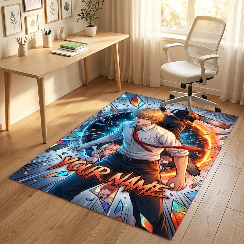 Personalized Crystal Velvet Carpet,Chainsaw Man Custom Printed Name, Plush Area Rug For Home Indoor Decor
