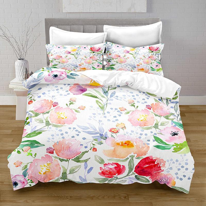Flowers Duvet Cover King Queen Watercolor Floral Bedding Set Colorful Flowers Green Leaf Bird Polyester Quilt Cover for Women