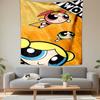 Powerpuff Girls Cartoon Characters Flying Over City Orange Sky Wall Tapestry Anime Decor for Kids Bedroom Gift