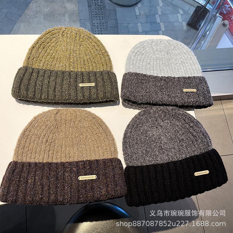 Two-color splicing small standard wool hat women's autumn and winter warm simple versatile ear protection hat bag head thick thread knitted hat