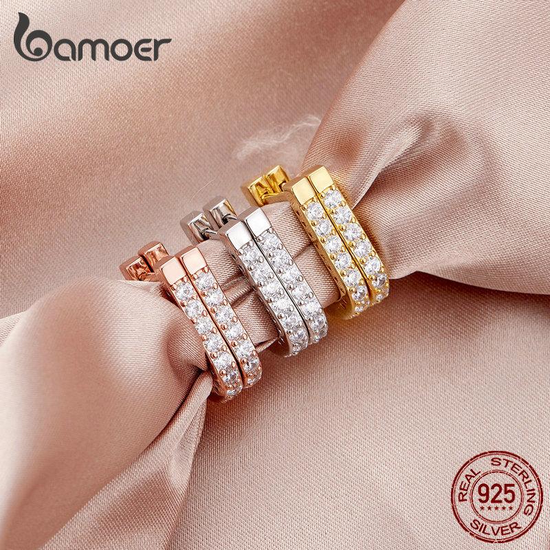 BAMOER 925 Sterling Silver Classic U-shaped Ear Buckles Earrings for Female Shining Zircon Earrings Fine Jewelry Gift
