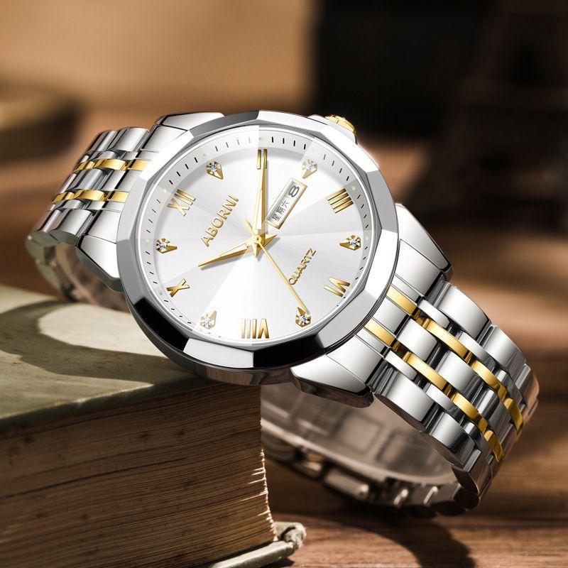 Мужские часы ABORNI, деловые наручные часы с двойным календарем, модные кварцевые мужские часы из зеркальной стали с бриллиантами и бриллиантами