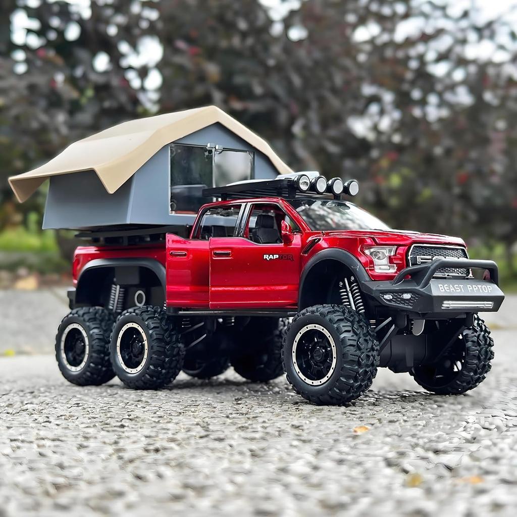 1/24 Ford F150 Raptor Diecast Trucks,  F150 Pickup Truck with Sightseeing Cabin, Pull Back Truck Toys with Light and Sound for Kids Ages 4-8