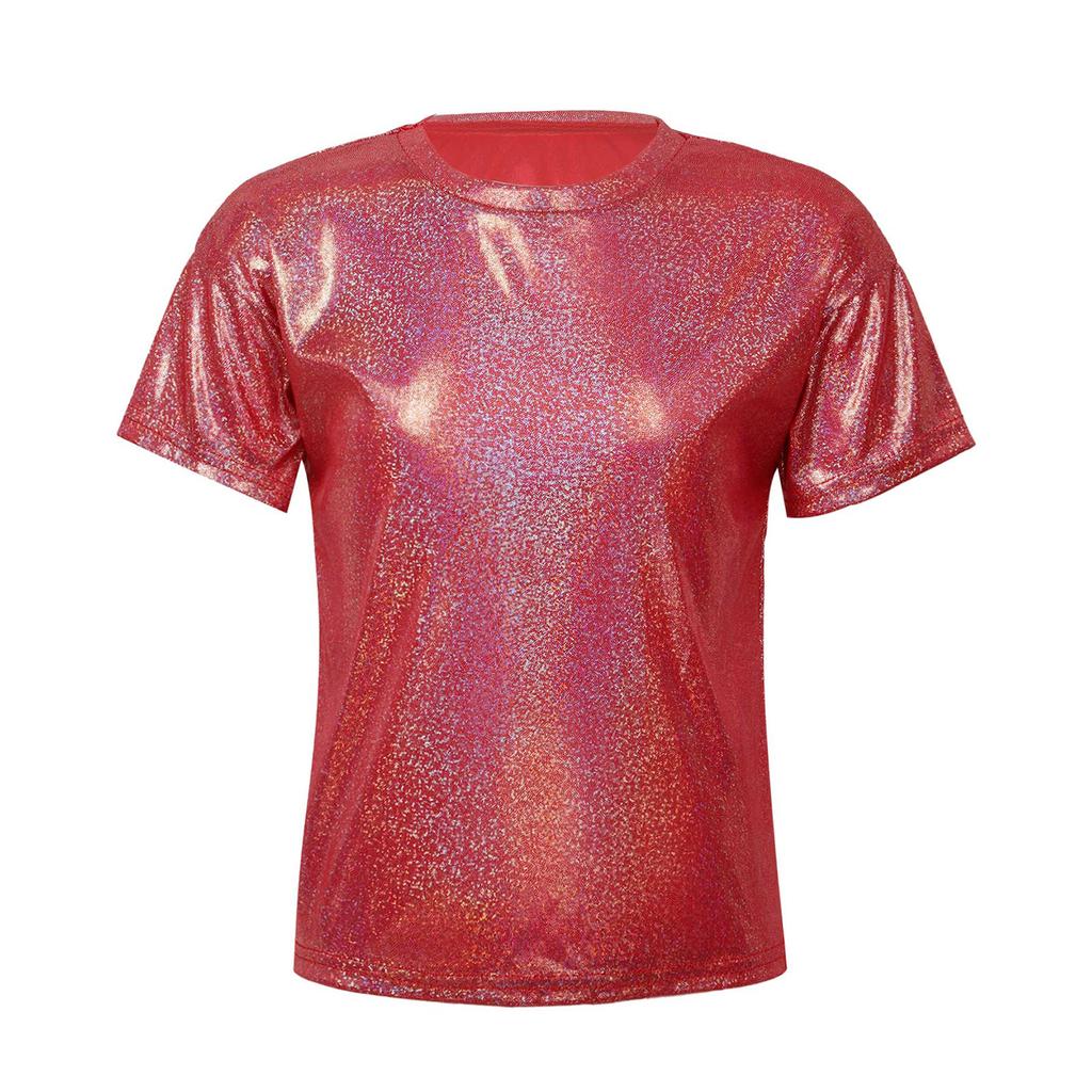 Детская унисекс одежда для девочек и мальчиков, повседневная танцевальная одежда с коротким рукавом, металлизированная блестящая блузка, топ