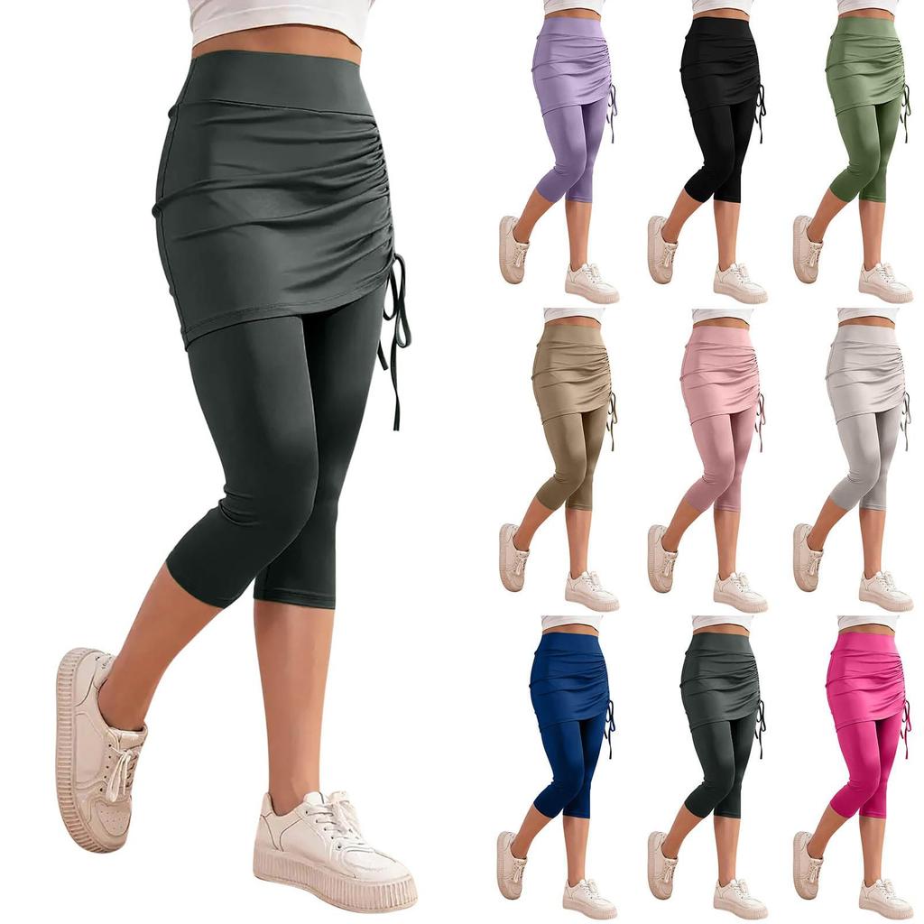 Women's Drawstring Skirted Workout Leggings Casual Summer High Waisted Soft Athletic Yoga Pants