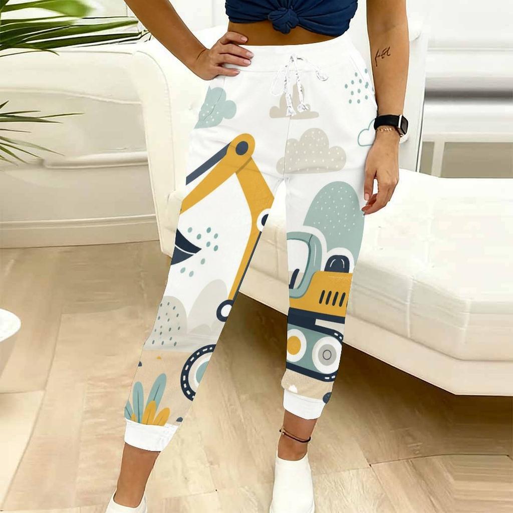 Women Plus Size White Cartoon Construction Vehicle Printed Drawstring Waist Jogger Pants Side Pockets Cuffed Ankle