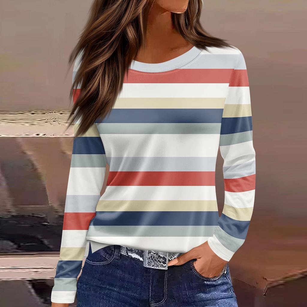 Women's Fashion Casual Slit Hem Round Neck Long Sleeve Loose Printed T-Shirt Ladies Top
