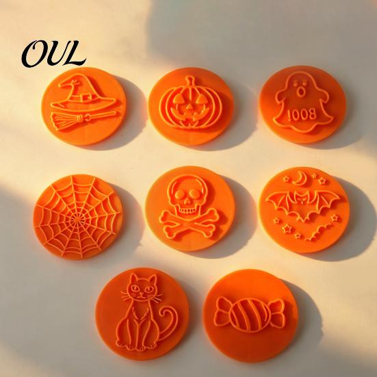 Professional Biscuit Mold Cutter 8pcs Halloween Magnetic Cookie Stamp Molds, Pumpkin Ghost And Skeleton Patterns Design, Interchangeable Stainless