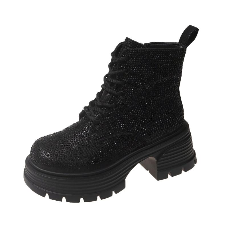 2024 Sequin Diamond Короткие сапоги Женские Осенне-Зимние Британские Модные Сапоги На Высоком Толстом Каблуке Ботинки На Шнуровке Повседневная Обувь Для Вечеринок На Открытом Воздухе