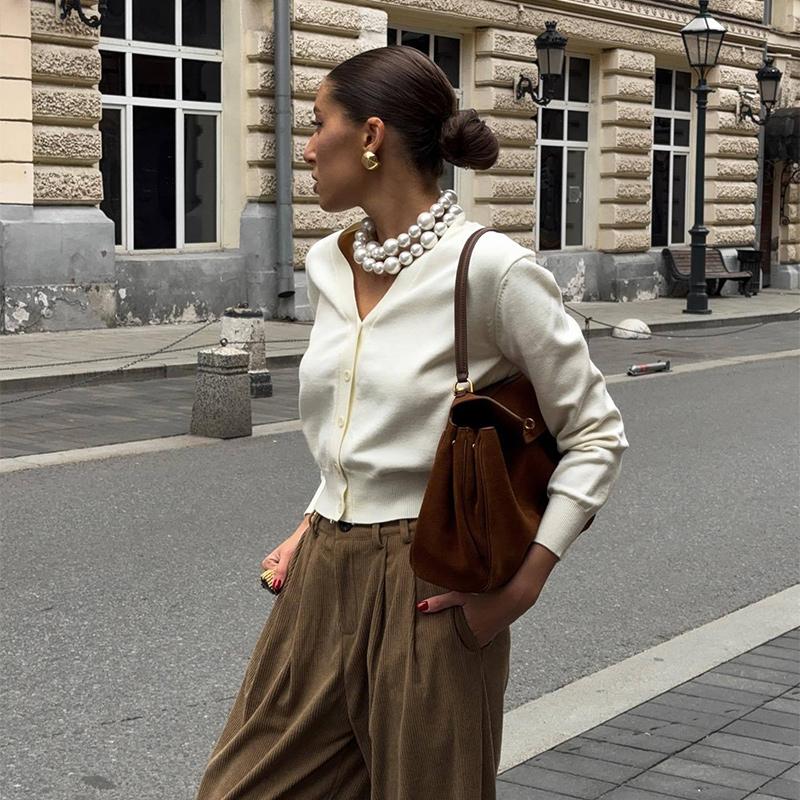 Вязаные кардиганы с V-образным вырезом, женские шикарные однобортные свободные элегантные однотонные свитера для женщин 2025 года, повседневные топы с длинным рукавом для женщин