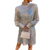 Women Sequined Lace Up Dress O-neck Long Sleeve Short Dress Solid Color