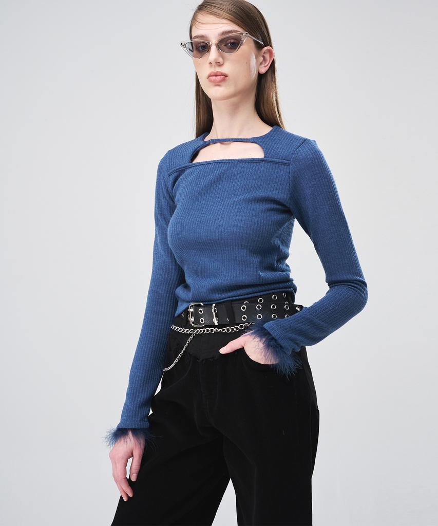 ETMON Fur Trimmed Strap T-Shirt Blue