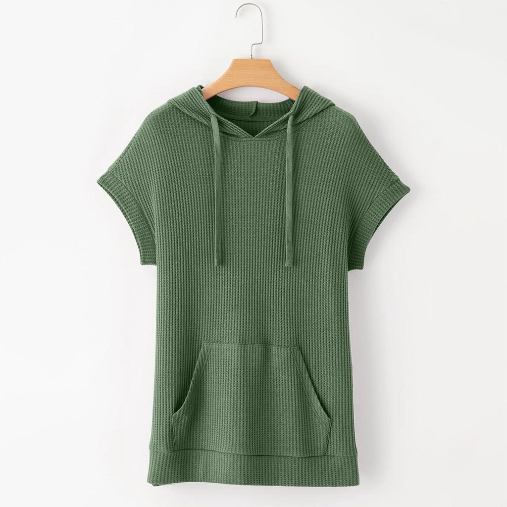Women's Solid Color Loose Shirts Short Sleeve Drawstring Hoodies Knit Side Slit Tunic Hooded Tops With Pocket