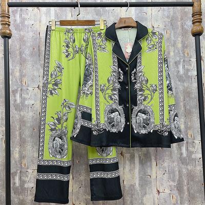 Винтажный весенний шелковый атласный пижамный комплект с принтом, женская пижама из 2 предметов, с длинным рукавом, роскошная зеленая пижама