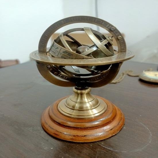 Armillary Sphere Brass Astrolabe On Wood Base | Maritime Nautical Collectible Table Décor | Celestial Globe Retro Gift for Her