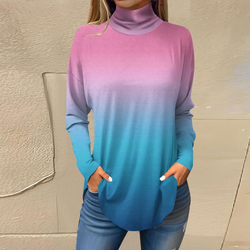 Футболки для женщин, осенние повседневные рубашки с длинными рукавами, толстовка с винтажным принтом, топ с высоким воротом, пуловер