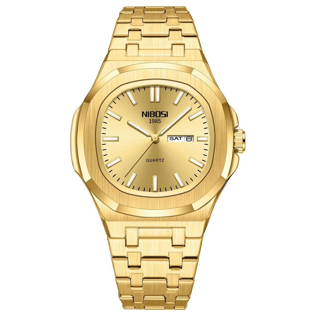 Mens Octagonal Dial Watch Stainless Steel Bracelet Luminous Day Calendar Waterproof Casual Quartz Watch