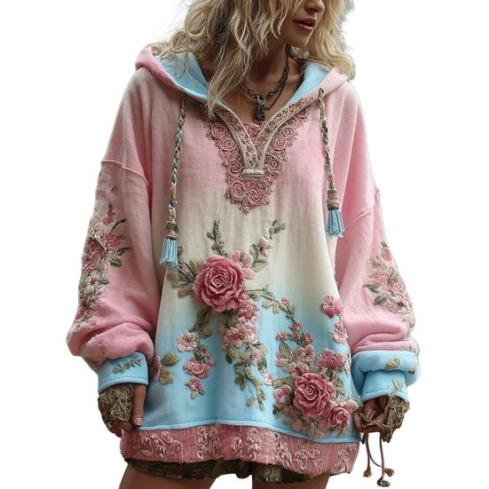 Женское худи пэчворк с цветочным принтом, оверсайз, винтажный пуловер, толстовка, осенний повседневный наряд с длинным рукавом и капюшоном