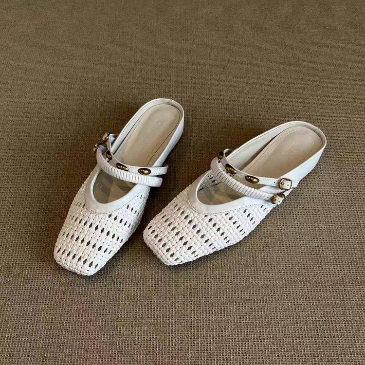 Версия из мягкой кожи~ универсальная черная плетеная ажурная дышащая сумка, туфли с квадратным носком, женские полушлепанцы с металлической надписью