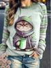 2024 Women's Round Neck Sweater with Cat Design, Raglan Style, Autumn/Winter, European/American, Cashmere Blend T-shirt