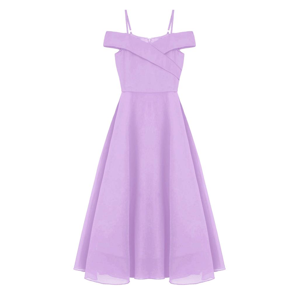 Kids Girls Elegant Chiffon Party Dress Off Shoulder Adjustable Strap Floor Length Evening Gown