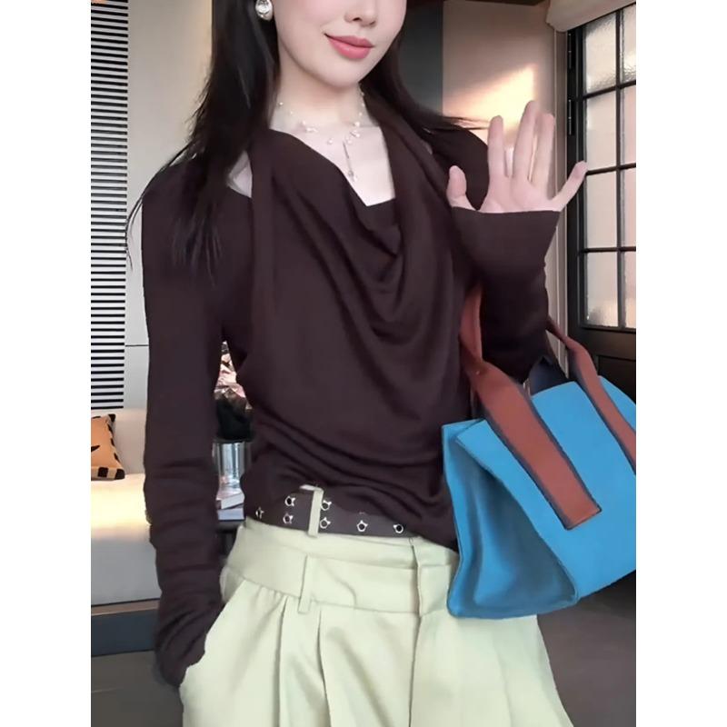 Женская футболка с длинными рукавами, имитирующая двойку, с воротником-хомутом на бретелях, весна, новый дизайн, модная, повседневная, облегающая